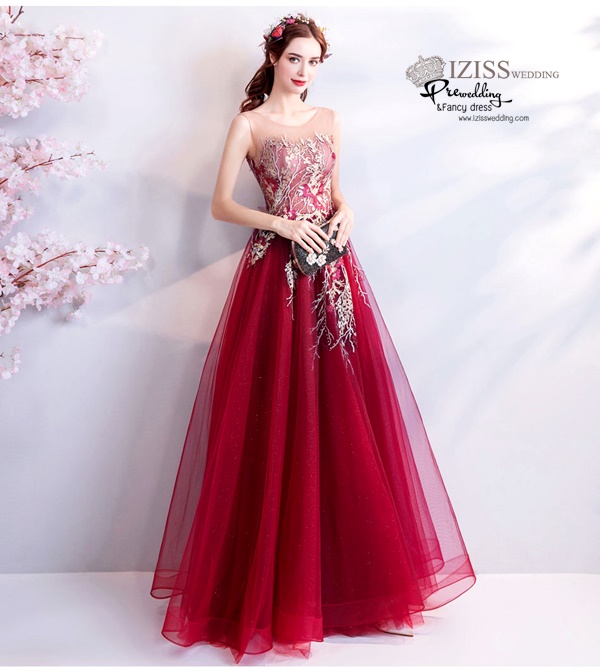 DL077 - **พร้อมส่งXL** ชุดราตรี เดรสยาวออกงาน (Night party dresses) ชุดไปงานแต่งงานสวยๆ "ธีมสีแดงแต่งดอก 3D"