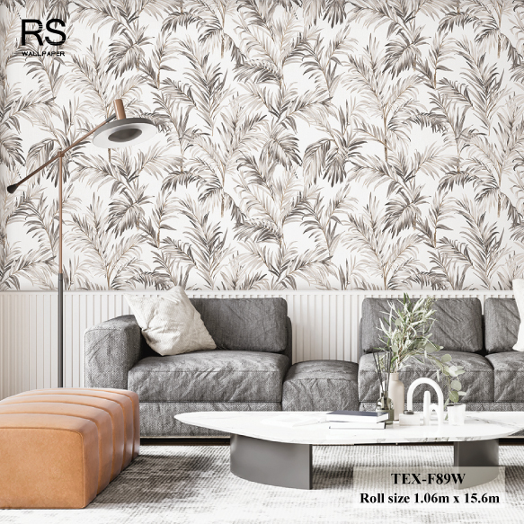 วอลเปเปอร์ ลายใบไม้ทรอปิคอลสีเทาพื้นสีขาว TEX-F89W