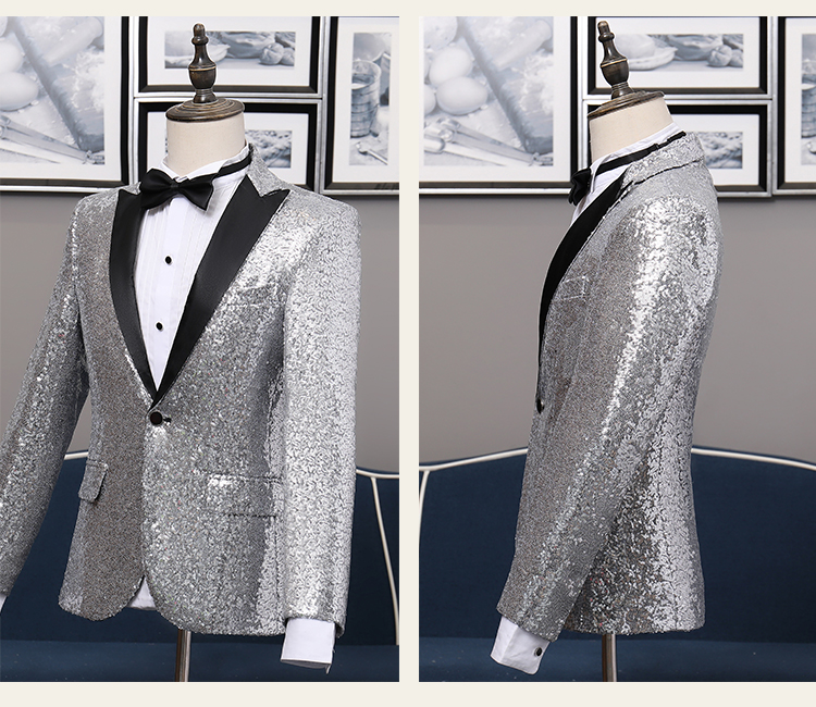 ST127- **พรีออเดอร์**สูทเลื่อมผู้ชายสีเทาเงิน สีทองและสีดง สลับปกสีดำ แขนยาว พร้อมกางเกง ชุดสูทเจ้าบ่าว สูทแฟนซี ถ่ายพรีเวดดิ้ง & ชุดแต่งงานแฟนซี (Fancy wedding dress) สูทเลื่อมผู้ชายสีเงิน สีทองและสีแดง