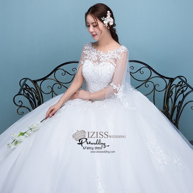 BR238 **พรีออเดอร์**ชุดแต่งงาน&ชุดเจ้าสาวแบบยาวสีขาวเกรดพรีเมี่ยม เปิดไหล่ มีแขน หรูหราน่ารัก สวยโดดเด่นไม่ซ้ำใคร