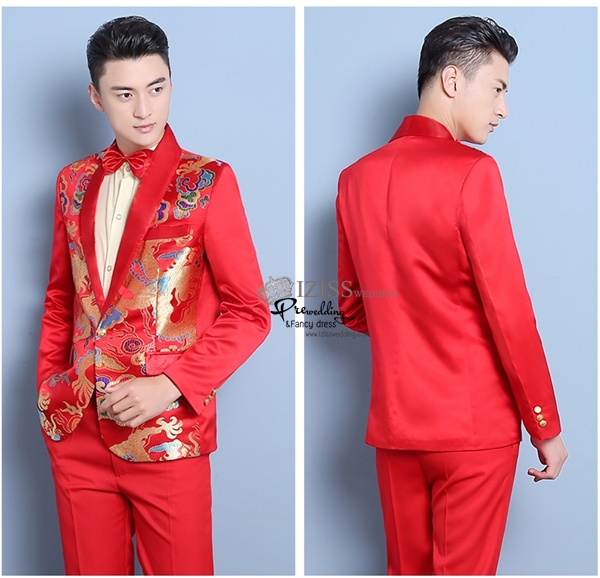 ST097 **พร้อมส่งสีน้ำเงินมังกร สีแดง เหลืองแบบหลากสีค่ะ**สูทจีนผู้ชายสีแดงแขนยาว ลายมังกรสีทอง ติดกระดุม พร้อมกางเกงสีแดงขาสอบ ชุดสูทเจ้าบ่าว สูทแฟนซี ถ่ายพรีเวดดิ้ง & ชุดแต่งงานแฟนซี (Fancy wedding dress) สูทผู้ชายสีแดง