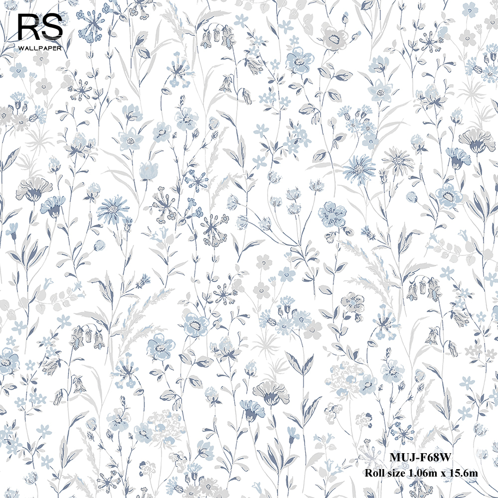 วอลเปเปอร์ลายดอกไม้มินิมอลสีฟ้าอ่อนพื้นสีขาว MUJ-F68W