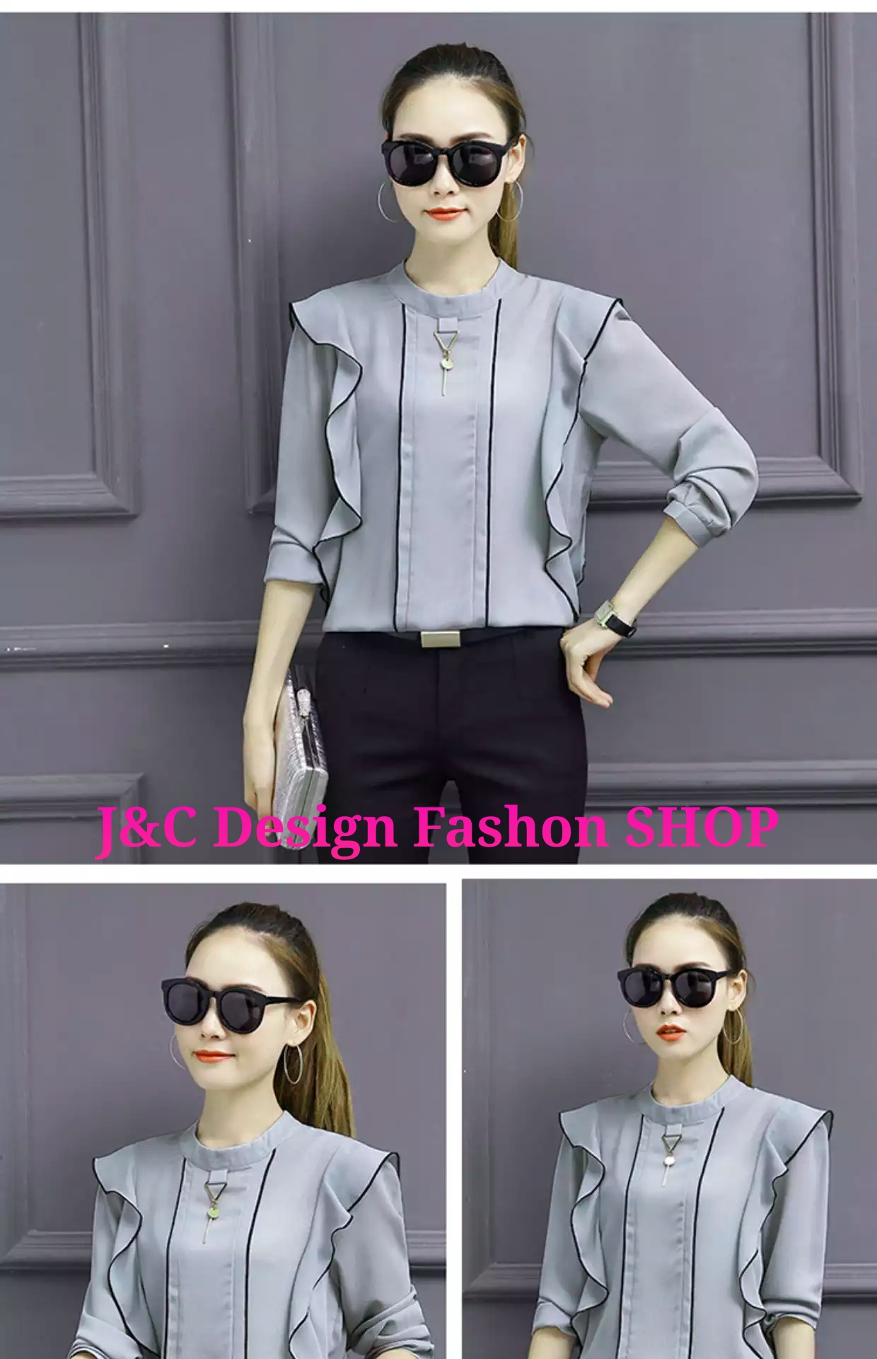 เสื้อผ้าชีฟองสีเทาแต่งห่วงโลหะ เสื้อชีฟองแต่งเกล็ดระบายด้านหน้าแต่งระบายข้างกุ้นดำ เสื้อทำงานเกาหลี เสื้อเกาหลีสมัครงาน ชุดสมัครงานเกาหลี เสื้อลูกไม้ใส่กับผ้าถุง เสื้อลูกไม้ใส่กับผ้าซิ่น