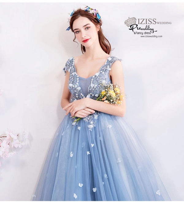 DL072 - **พรีออเดอร์** ชุดราตรี เดรสยาวออกงาน (Night party dresses) ชุดไปงานแต่งงานสวยๆ "ธีมสีฟ้าครามแต่งดอก 3D"