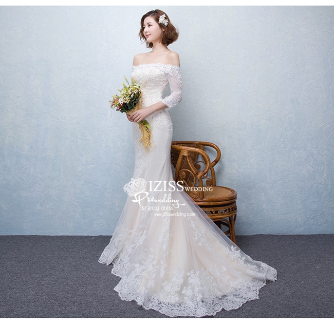 BR120 **พรีออเดอร์**ชุดแต่งงาน&ชุดเจ้าสาวแบบยาวสีขาวเบจเกรดพรีเมี่ยม เปิดไหล่ มีแขน หรูหราน่ารัก สวยโดดเด่นไม่ซ้ำใคร