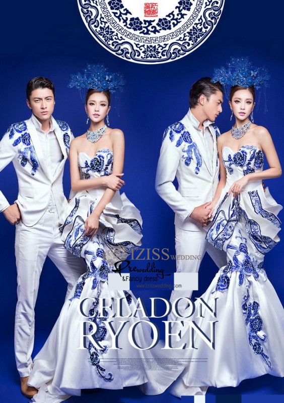 PW376 - **พรีออเดอร์**ชุดจีนสีน้ำเงินสไตล์โมเดริ์น ชุดคู่ถ่ายพรีเวดดิ้ง (prewedding dress) & ชุดแต่งงานแฟนซี (Fancy wedding dress)ชายหญิง "ธีมสีน้ำเงินขาว"