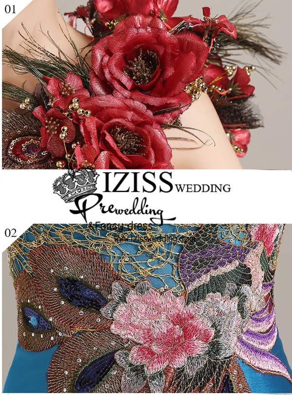 PW508 - **พรีออเดอร์**ชุดกี่เพ้าสีฟ้าไหล่เฉียงติดดอกไม้ ตกแต่งดิ้นทองและลายปักนกยูงสวย หรูไฮโซมากๆค่ะ ชุดยกน้ำชา ชุดคู่ถ่ายพรีเวดดิ้ง (prewedding dress) & ชุดแต่งงานแฟนซี "ธีมสีฟ้า"