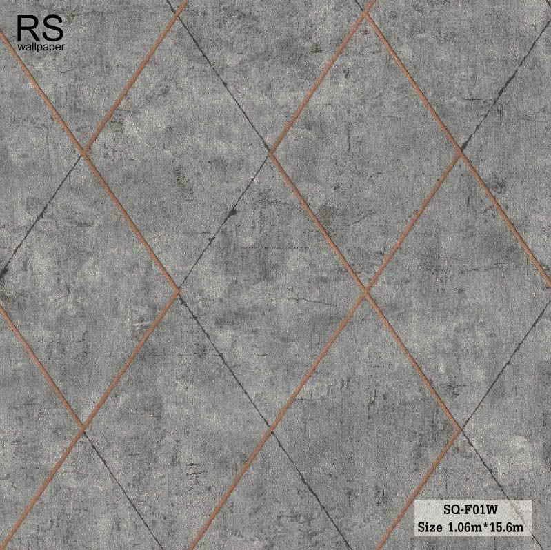 วอลเปเปอร์ลายปูนเปลือยสีเทา ใส่เส้นตัดขอบสี Rose gold รหัส SQ-F01W