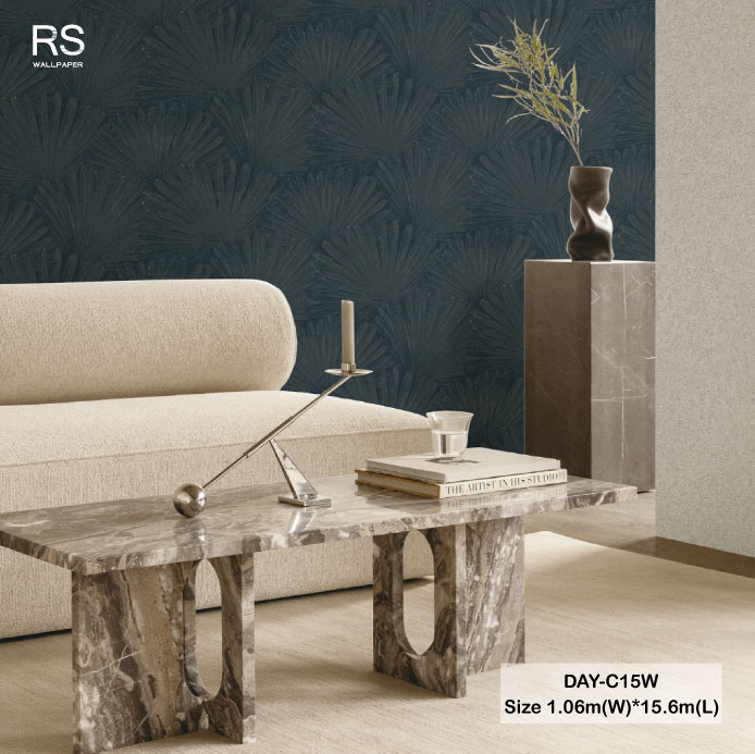 วอลเปเปอร์ลายใบไม้ สีน้ำเงินกรมท่าปนทอง DAY-C15W
