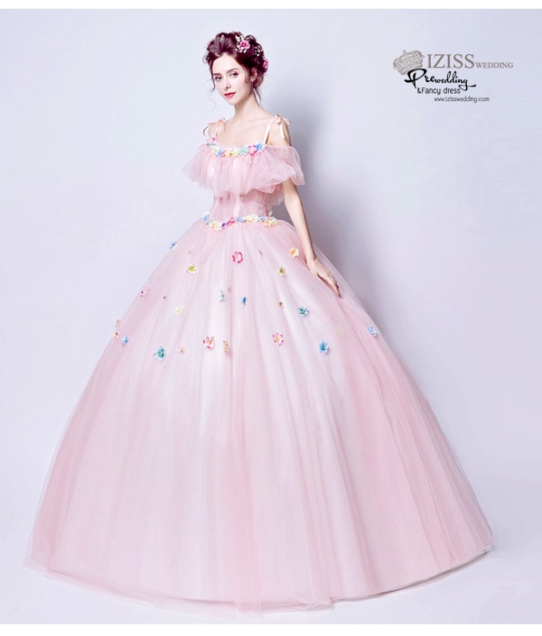 DL043 - **พรีออเดอร์** ชุดราตรี เดรสยาวออกงาน (Night party dresses) ชุดไปงานแต่งงานสวยๆ "ธีมสีชมพูแต่งดอก 3D"