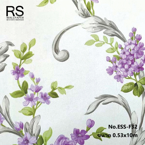 วอลเปเปอร์ลายดอกไม้วินเทจสีม่วง พื้นสีขาวอมเทาอ่อน ESS-F32