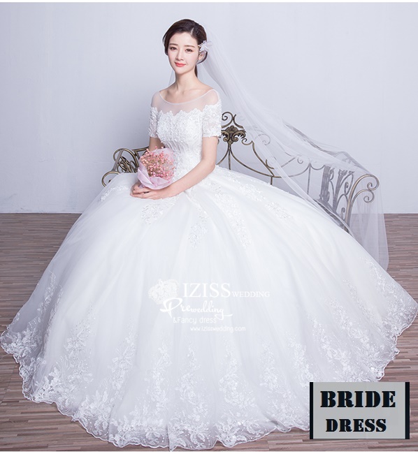 BR181 **พรีออเดอร์**ชุดแต่งงาน&ชุดเจ้าสาวแบบยาวสีขาวเกรดพรีเมี่ยม เปิดไหล่ มีแขน หรูหราน่ารัก สวยโดดเด่นไม่ซ้ำใคร