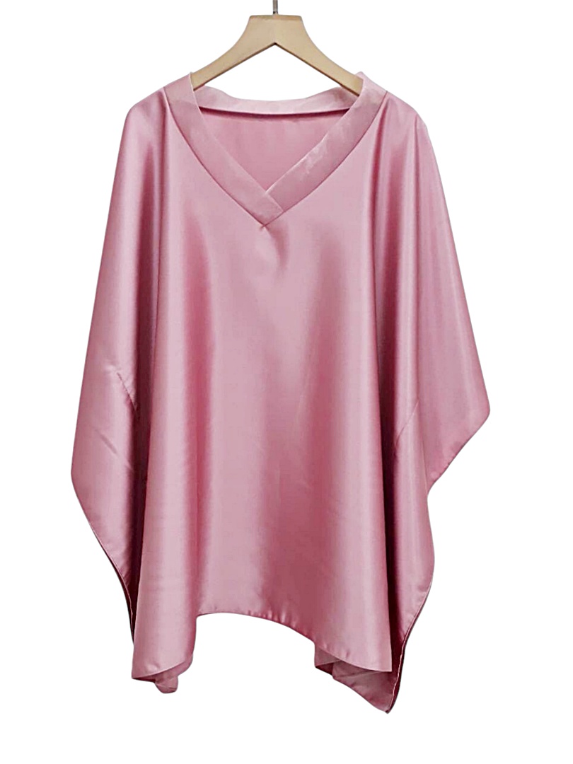 MT24-1156 เครปซาตินคอวีแก้วทรงผีเสื้อ อก 56 นิ้ว สีนู้ดชมพู สวยสไต์คุณนาย เสื้อผู้ใหญ่