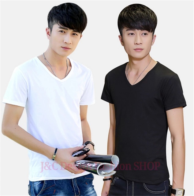 เสื้อผู้ชายคลาสสิกแขนสั้น ใส่แล้วท็อปส์เพียวสีขาวดำ คอVคอยืดหยุ่นผ้าฝ้ายไลคร่าเสื้อยืดเสื้อกล้าม เสื้อยืดเกาหลีคอวีชาย