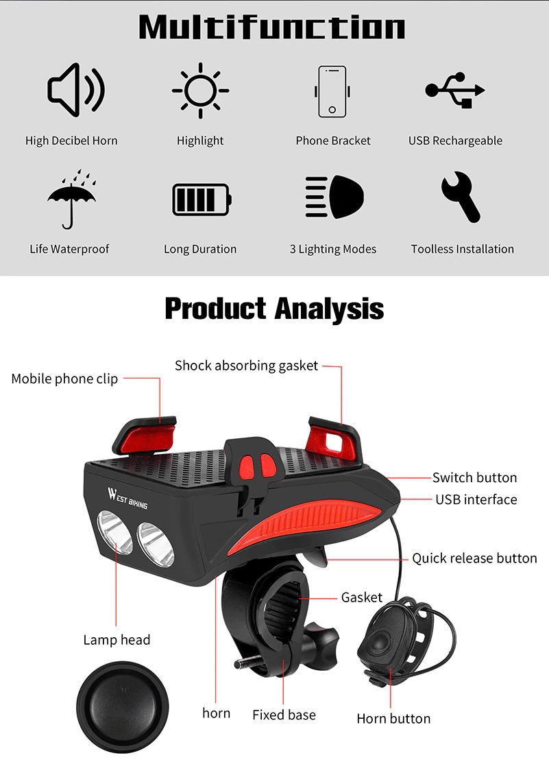 ไฟหน้า+ยึดมือถือ+powerbank+usb+แตร THAIBIKE ติดจักรยาน