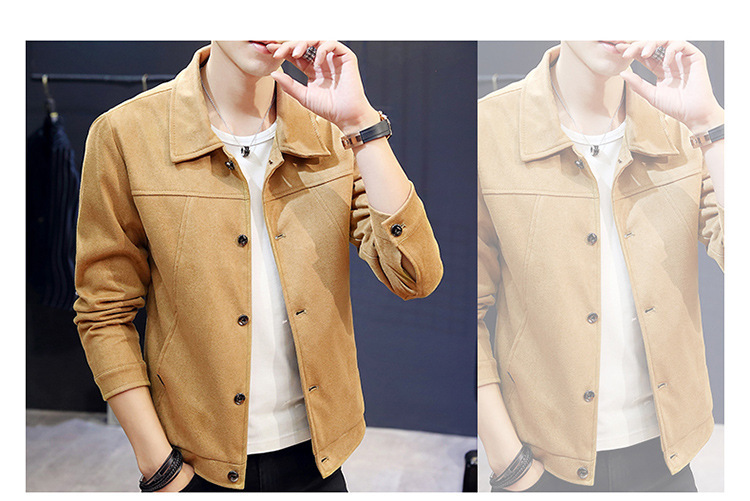 เสื้อแจ็คเก็ตผู้ชาย สีกากี หนังกลับ มีซับใน กระดุมหน้า กระเป๋าใช้งานได้ทั้ง 1 ข้าง แจ็คเก็ตแฟชั่นชาย