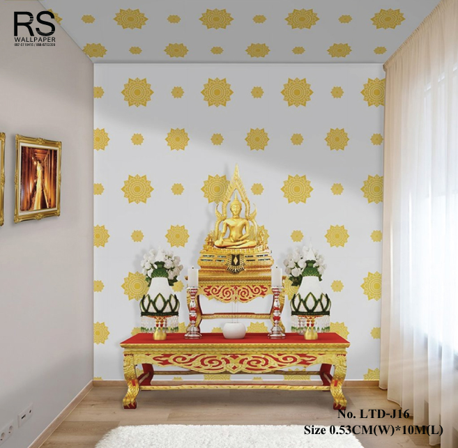 วอลเปเปอร์ ติดห้องพระ ลายไทยดอกดาว สีทองพื้นขาว LTD-J16