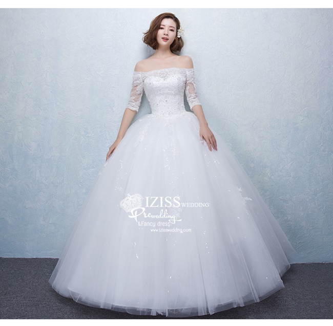 BR139 **พรีออเดอร์**ชุดแต่งงาน&ชุดเจ้าสาวแบบยาวสีขาวเกรดพรีเมี่ยม เปิดไหล่ มีแขน หรูหราน่ารัก สวยโดดเด่นไม่ซ้ำใคร