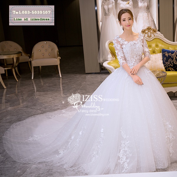 BR260 **พรีออเดอร์**ชุดแต่งงาน&ชุดเจ้าสาวแบบยาวสีขาวเกรดพรีเมี่ยม เปิดไหล่ มีแขน หรูหราน่ารัก สวยโดดเด่นไม่ซ้ำใคร