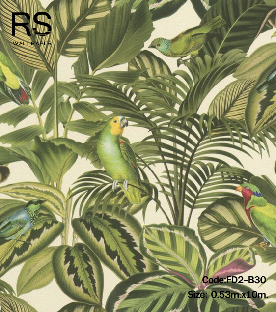 วอลเปเปอร์ลายใบไม้สีเขียว ธรรมชาติ นกแก้ว(Tropical Style) FD2-B30