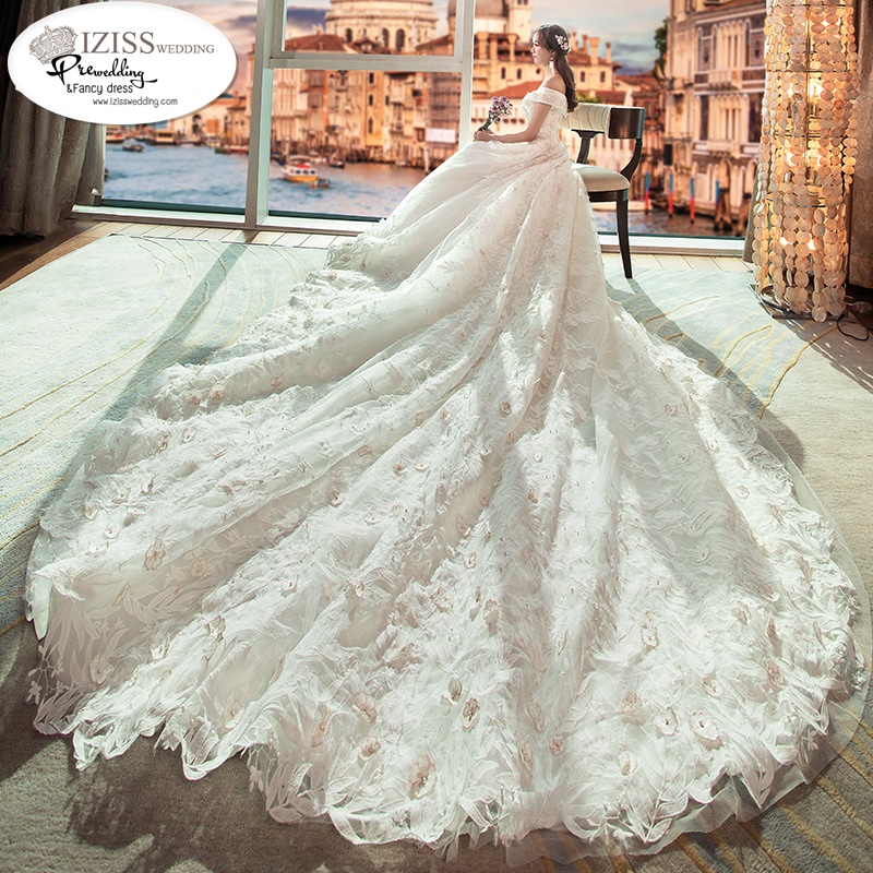 BR327 **พรีออเดอร์**ชุดแต่งงาน&ชุดเจ้าสาวแบบยาวอลังการ สีขาวเกรดพรีเมี่ยม หรูหราน่ารัก สวยโดดเด่นไม่ซ้ำใคร