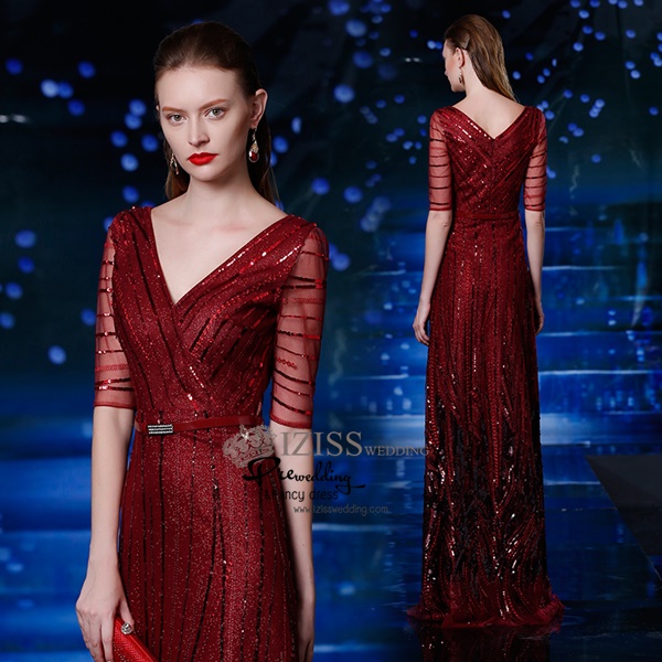 T004 **พรีออเดอร์ชุดราตรีเลื่อมสีแดง**ชุดราตรีเลื่อมยาวสีแดงไวน์ แขนสั้น สวยงามหรูหราไฮโซมากๆ ค่ะ