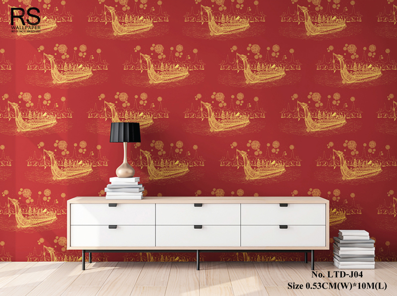 วอลเปเปอร์ ติดห้องพระ ลายไทยเรือสุพรรณหงส์ สีแดง LTD-J04