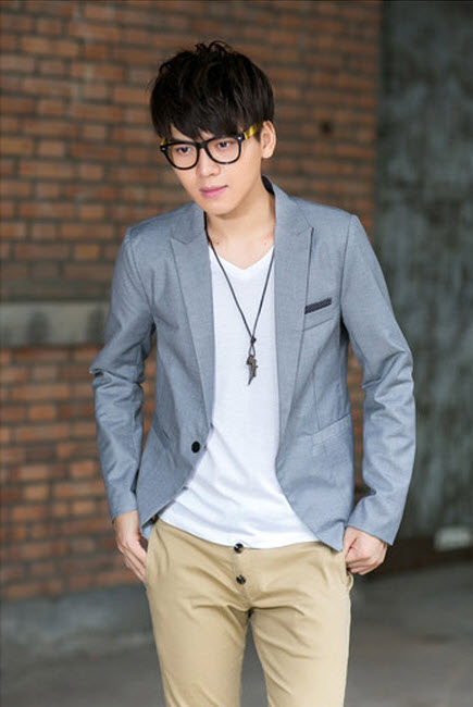 เสื้อสูทแฟชั่นผู้ชาย พร้อมส่ง สูท สีเทา คอปก แต่งกระเป๋าอก กระดุมเม็ดเดียว แขนยาว