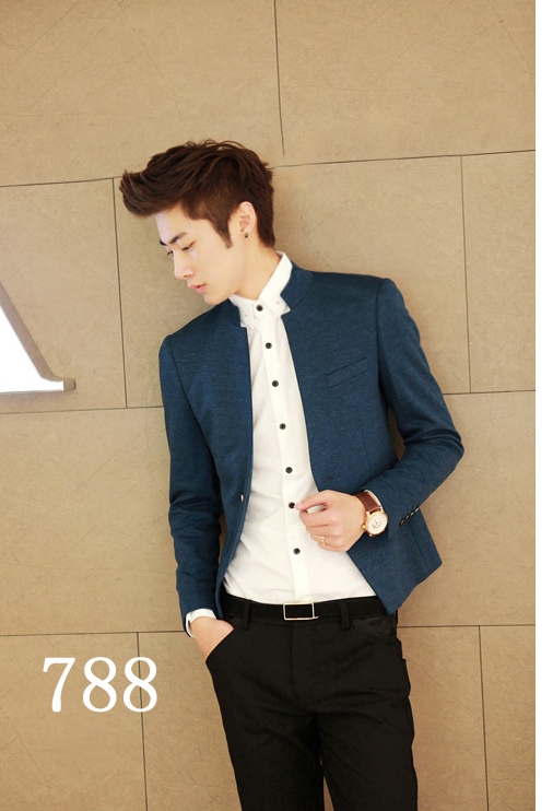 เสื้อสูทแฟชั่น พร้อมส่ง สีฟ้าเข้ม คอปกเหลี่ยม แขนยาว สไตล์เท่ห์ ใส่ทำงาน ใส่ออกงาน เสื้อสูทผู้ชาย