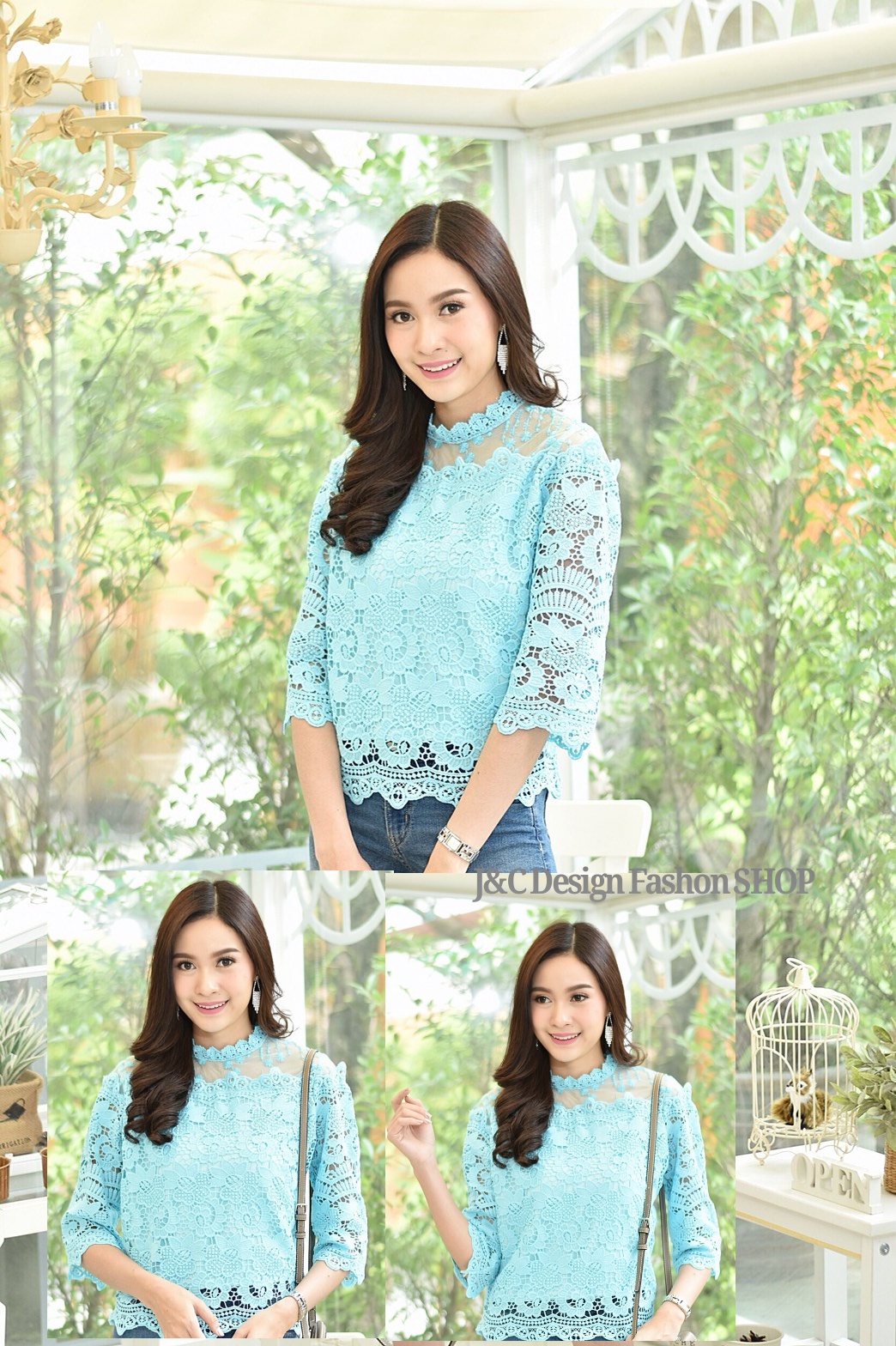 เสื้อเสื้อลูกไม้สไตน์เกาหลีสีฟ้า เสื้อลูกไม้แขนกระดิ่งสีฟ้า เสื้อลูกไม้วัยรุ่นคอจีนสีฟ้า เสื้อทำงานลูกไม้