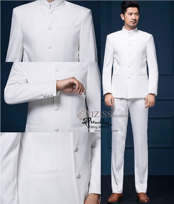 ST007- **พรีออเดอร์สีขาว/แดง/ดำ**สูทจีนผู้ชายสีดำแขนยาวคอจีน ติดกระดุมสีดำ พร้อมกางเกงสีดำขาสอบ ชุดสูทเจ้าบ่าว สูทแฟนซี ถ่ายพรีเวดดิ้ง & ชุดแต่งงานแฟนซี (Fancy wedding dress) สูทผู้ชายสีดำ
