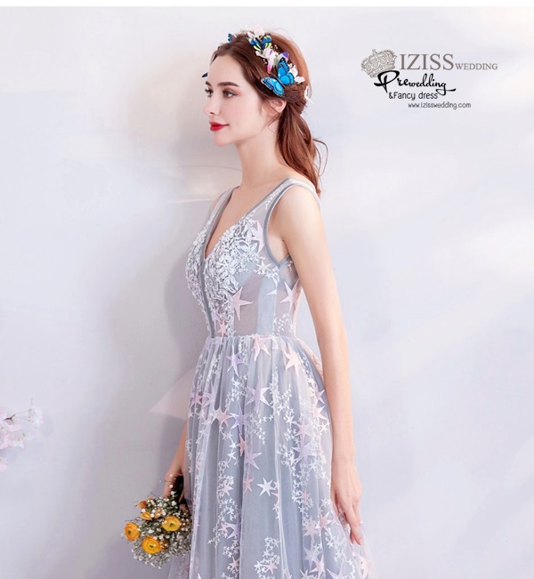 DL074 - **พรีออเดอร์** ชุดราตรี เดรสยาวออกงาน (Night party dresses) ชุดไปงานแต่งงานสวยๆ "ธีมสีฟ้าแต่งดอก 3D"