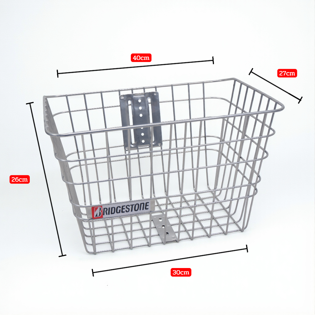 ตะกร้าหน้าจักรยานแม่บ้านแบบเหล็กชุบแบบตาข่าย แบบชุบโครเมี่ยม ฺBRIDGESTONE ตะกร้าจักรยานพร้อมอุปกรณ์