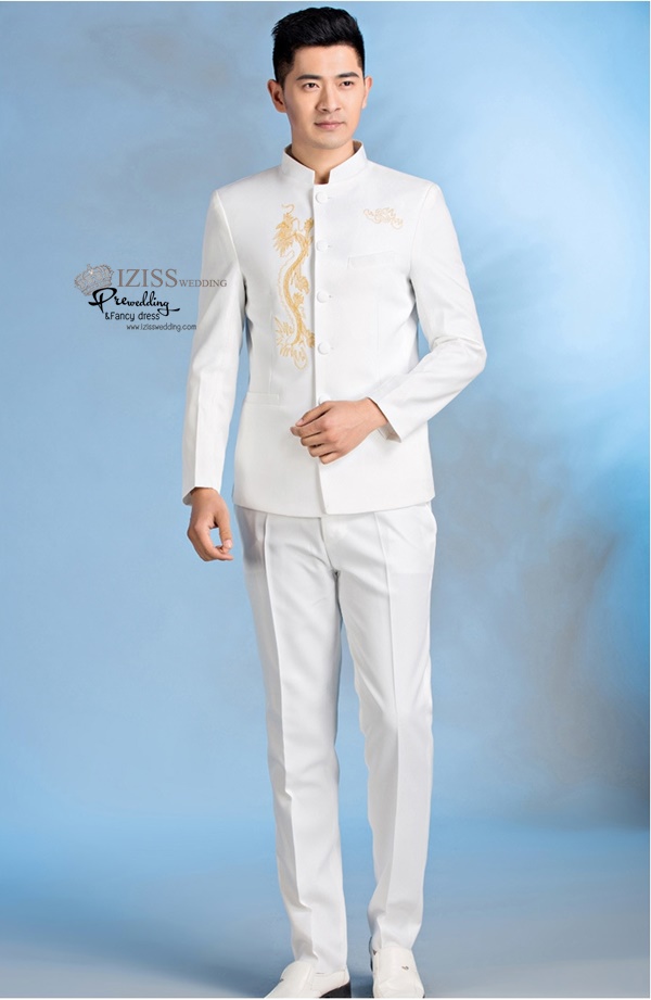 ST088 **พรีออเดอร์**สูทจีนผู้ชายสีดำแขนยาวปักลายมังกรสีทอง ติดกระดุมสีดำ พร้อมกางเกงสีดำขาสอบ ชุดสูทเจ้าบ่าว สูทแฟนซี ถ่ายพรีเวดดิ้ง & ชุดแต่งงานแฟนซี (Fancy wedding dress) สูทผู้ชายสีดำ