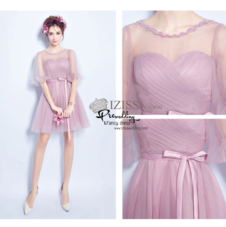 DS016 - **Pre order** ชุดราตรีเดรสสั้นออกงาน (short dresses) ชุดไปงานแต่งงานสวยๆ "ธีมสีชมพูกะปิ"