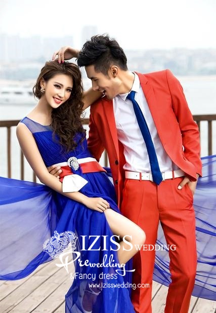 PW119 - Pre order ชุดคู่ถ่ายพรีเวดดิ้ง (prewedding dress) & ชุดแต่งงานแฟนซี (Fancy wedding dress)ชายหญิง "ธีมสีน้ำเงิน-แดง"