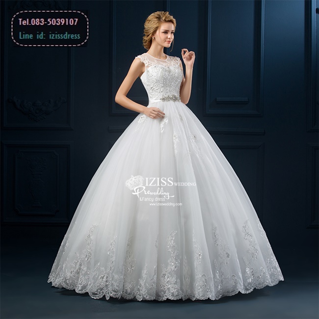 BR175 **พรีออเดอร์**ชุดแต่งงาน&ชุดเจ้าสาวแบบยาวสีขาวเกรดพรีเมี่ยมแขนกุด ซีทรูช่วงเนินอกด้วยผ้าตาข่ายโปร่งปักเลื่อมผสมผ้าลูกไม้ ตกแต่งช่วงเอวเป็นเข็มขัดด้วยเพชรรูปดอกไม้ หรูหราน่ารัก สวยโดดเด่นไม่ซ้ำใคร