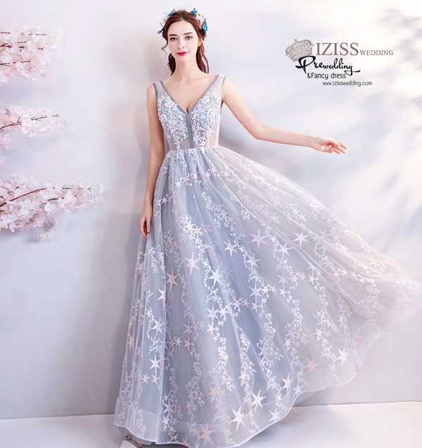 DL074 - **พรีออเดอร์** ชุดราตรี เดรสยาวออกงาน (Night party dresses) ชุดไปงานแต่งงานสวยๆ "ธีมสีฟ้าแต่งดอก 3D"