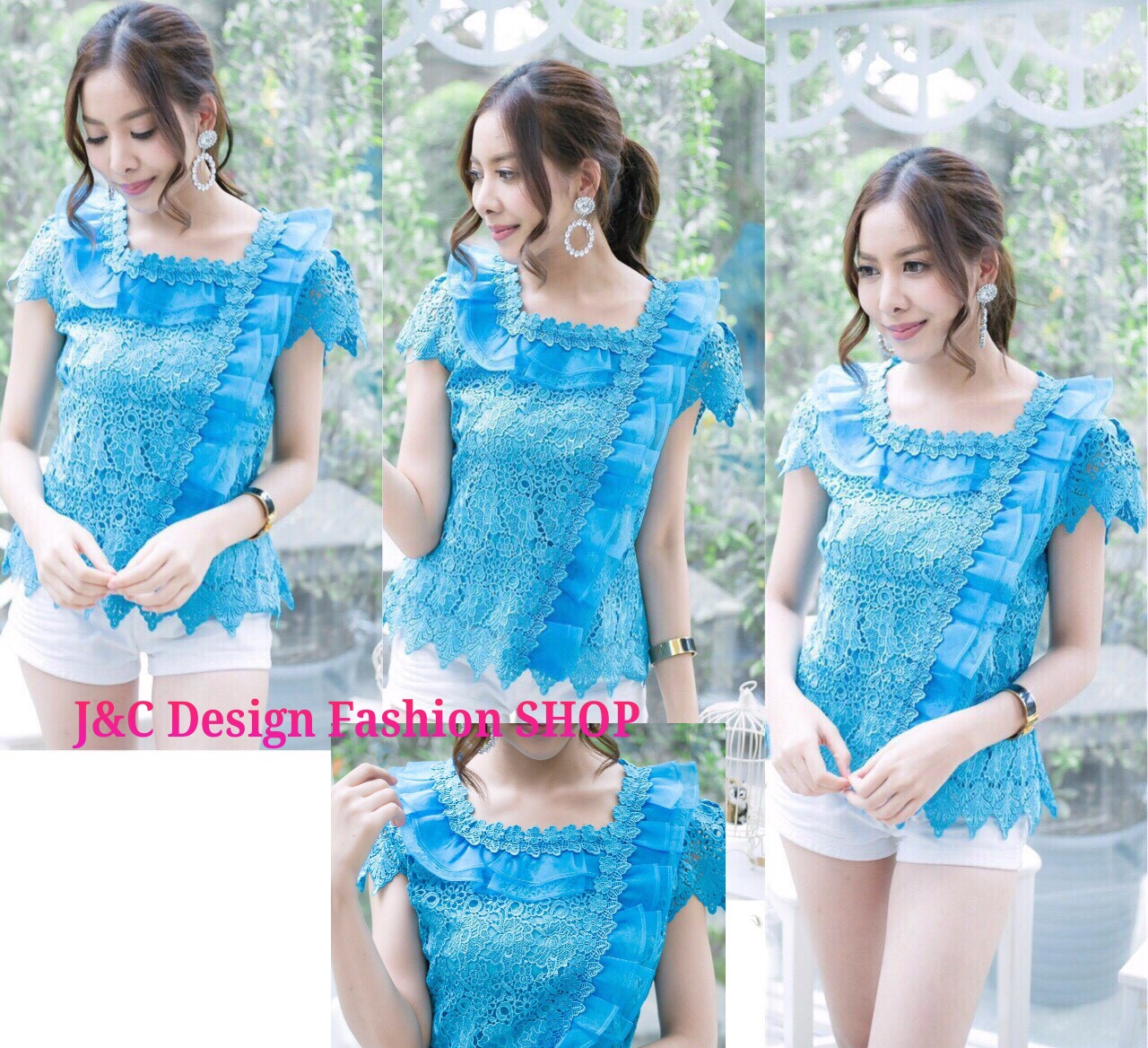 เสื้อลูกไม้สไตน์เกาหลีสีฟ้า เสื้อลูกไม้สไตน์วัยรุ่นสีฟ้า เสื้อผ้าไทยใส่กับผ้าซิ่น เสื้อผ้าฝ้ายใส่กับผ้าถุงสีชมพูกลีบบัว เสื้อใส่ผ้าซิ่น เสื้อลูกไม้แขนสั้นสีฟ้า