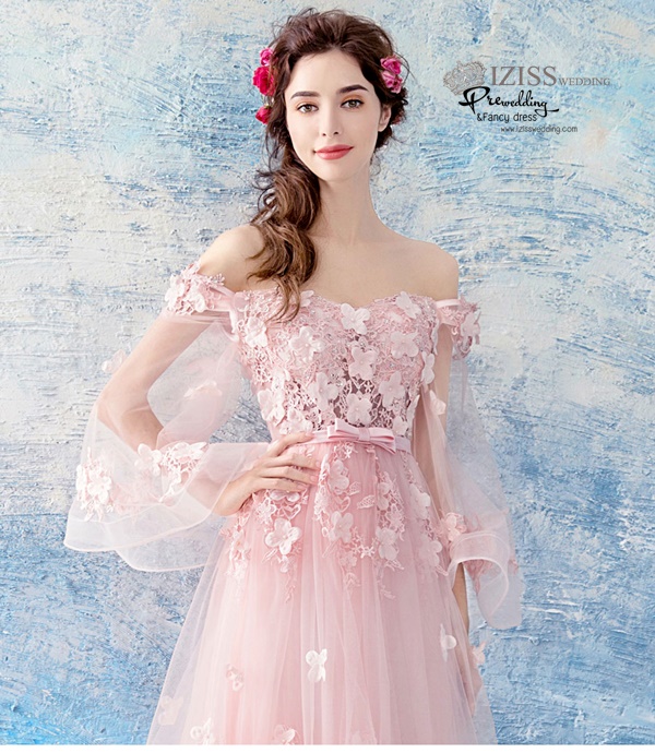 DL070 - **พรีออเดอร์** ชุดราตรี เดรสยาวออกงาน (Night party dresses) ชุดไปงานแต่งงานสวยๆ "ธีมสีชมพูแต่งดอก 3D"