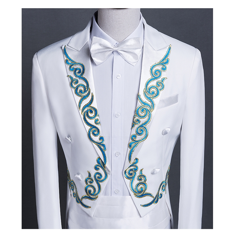 ST130- **พรีออเดอร์**สูททักสิโด้ผู้ชายสีขาว แขนยาว พร้อมแถบคาดเอว และกางเกง ชุดสูทเจ้าบ่าว สูทแฟนซี ถ่ายพรีเวดดิ้ง & ชุดแต่งงานแฟนซี (Fancy wedding dress) สูททักสิโด้ผู้ชายสีขาว