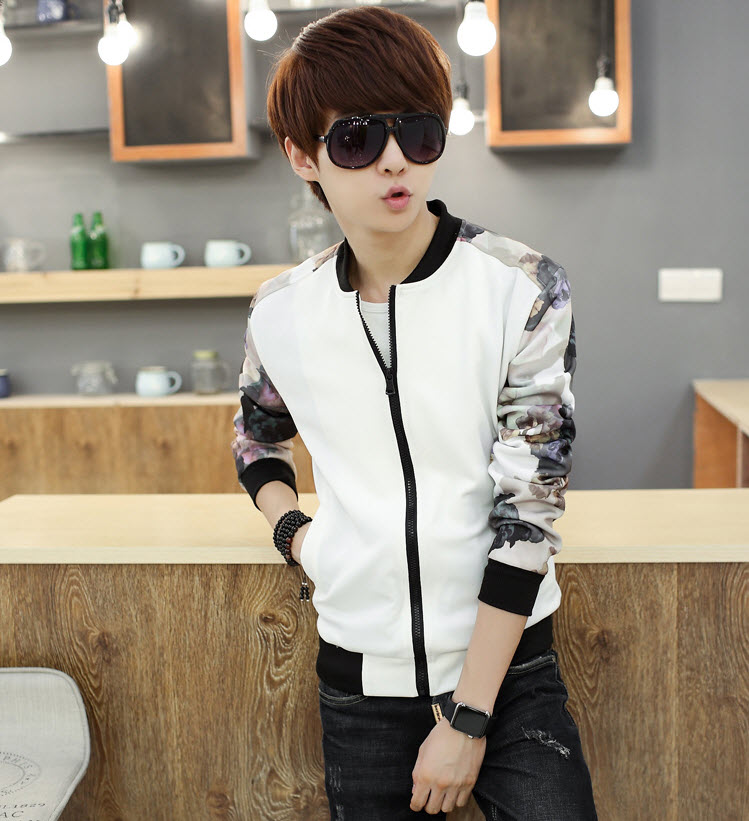 พร้อมส่ง แจ็คเก็ตผู้ชาย แขนยาว เสื้อคุลมแฟชั่น พื้นสีขาว ผ้าคอตต้อน เนื้อลื่น ใส่สบาย แขนพิมพ์ลาย