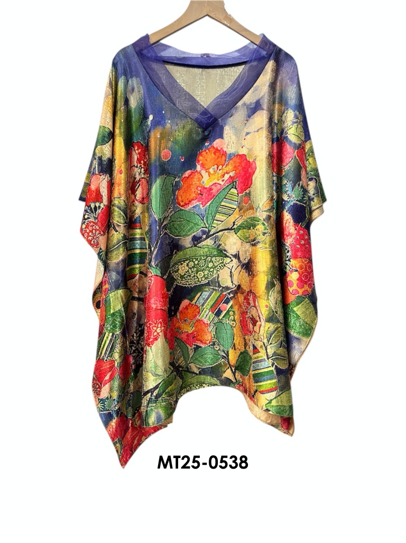 MT25-0538 ไหมจีนคอวีแก้วทรงผีเสื้อ อก 56 นิ้ว สวยสไต์คุณนาย เสื้อผู้ใหญ่