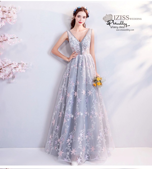 DL074 - **พรีออเดอร์** ชุดราตรี เดรสยาวออกงาน (Night party dresses) ชุดไปงานแต่งงานสวยๆ "ธีมสีฟ้าแต่งดอก 3D"