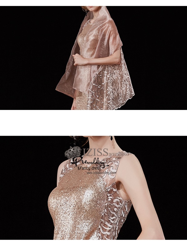 T028 **พรีออเดอร์ชุดราตรี+ผ้าคลุมไหล่**ชุดเลื่อมราตรียาวสีแชมเปญ พร้อมผ้าคลุมไหล่ปักลายหรู แขนกุด ดีเทลซีทรูช่วงไหล่ ด้านข้างลำตัว และด้านหลัง ใช้ผ้าผสมลายปักสวยงามหรูหราไฮโซมากๆ ค่ะ