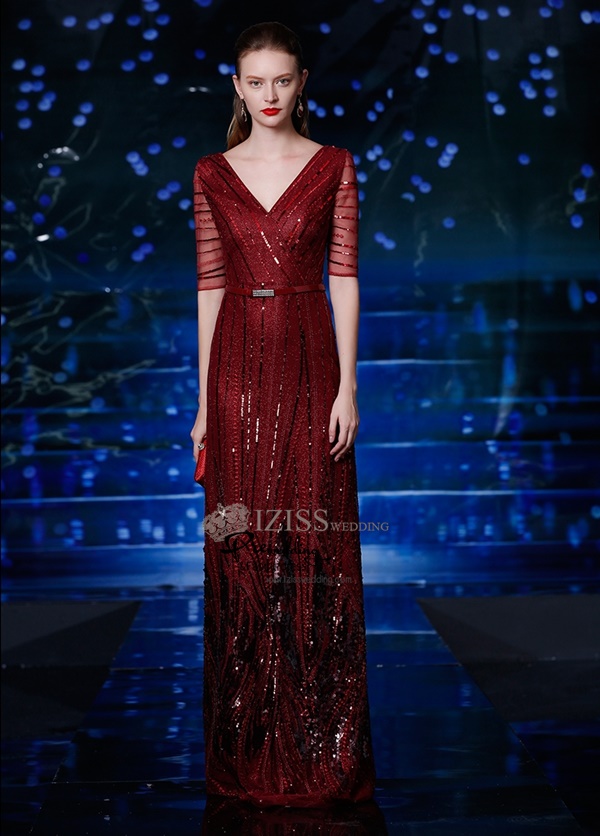 T004 **พรีออเดอร์ชุดราตรีเลื่อมสีแดง**ชุดราตรีเลื่อมยาวสีแดงไวน์ แขนสั้น สวยงามหรูหราไฮโซมากๆ ค่ะ