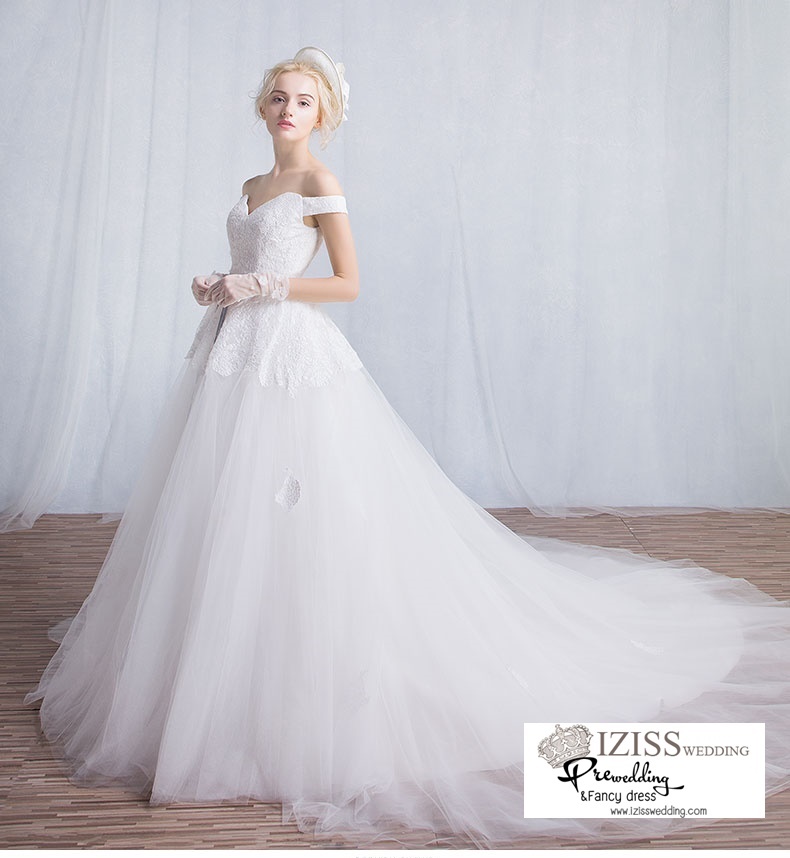 ฺBR101 **พรีออเดอร์**ชุดแต่งงาน&ชุดเจ้าสาวแบบยาวสีขาวเกรดพรีเมี่ยม เปิดไหล่ มีแขน หรูหราน่ารัก สวยโดดเด่นไม่ซ้ำใคร