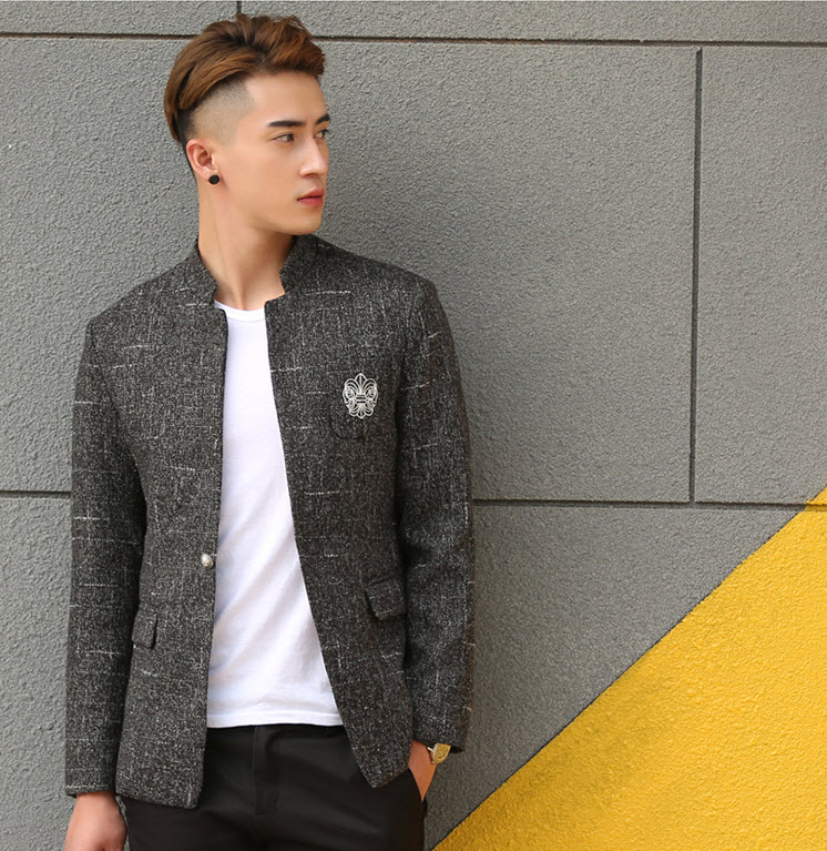 พรีออร์เดอร์ เสื้อสูท ผู้ชาย ลำลอง สีดำ แขนยาว คอจีน กระดุมเม็ดเดียว ปักแต่งกระเป๋า