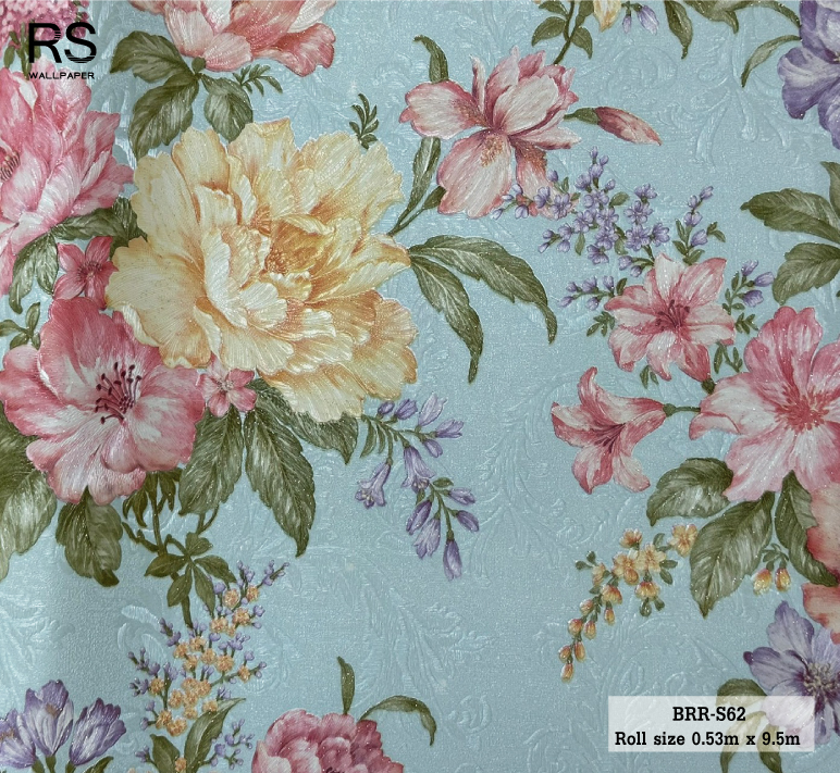 วอลเปเปอร์ ลายดอกไม้ พื้นสีฟ้าอ่อนอมเขียวอ่อน BRR-S62