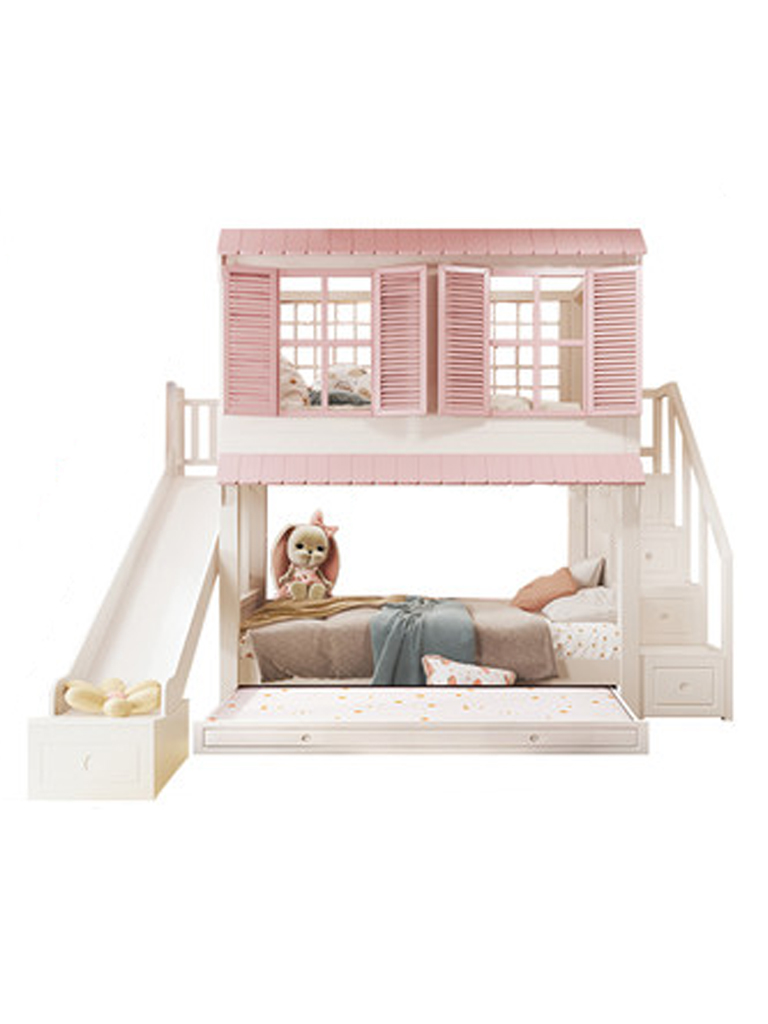 เตียง 2 ชั้นรุ่น Dream House สีชมพู (ออปชั่นครบ)